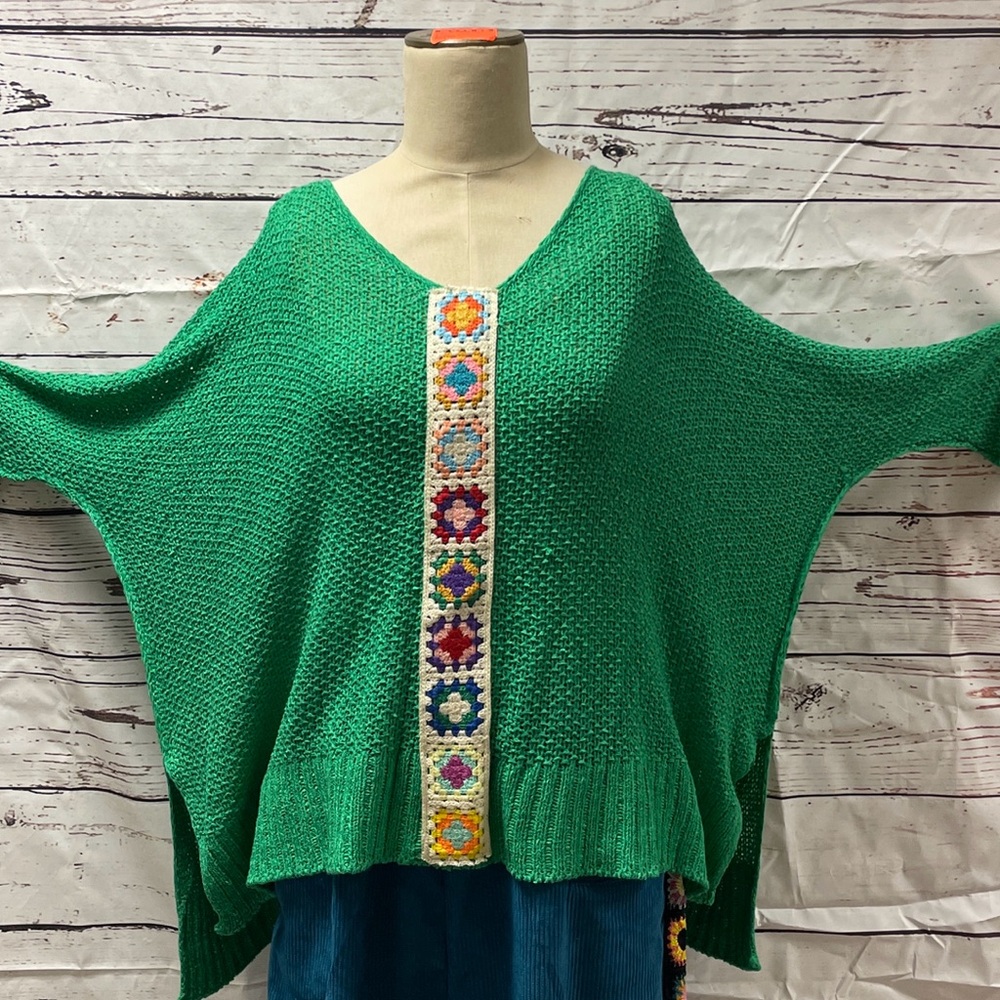 kelly green granny square sweater